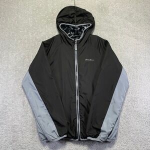 Eddie Bauer Kids Jacket Size Large 14-16 Grey Black Reversible Fleece Camo Hoded